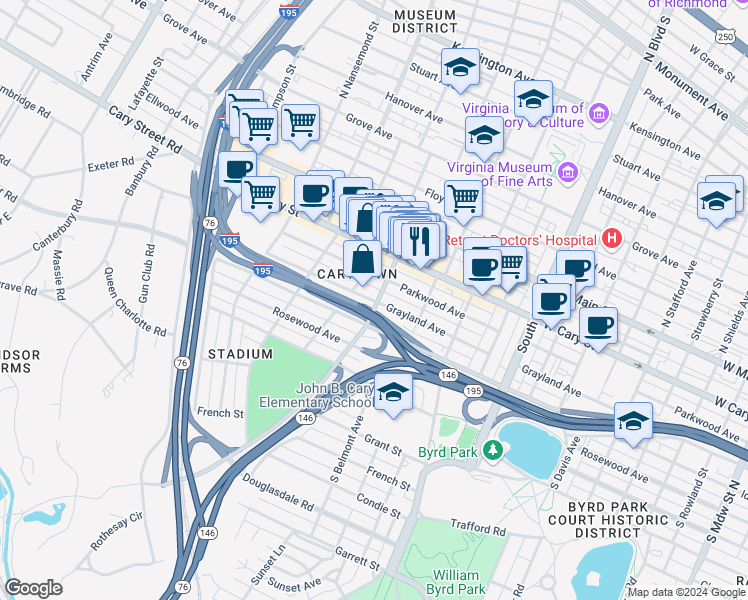 map of restaurants, bars, coffee shops, grocery stores, and more near 3200 Grayland Ave in Richmond