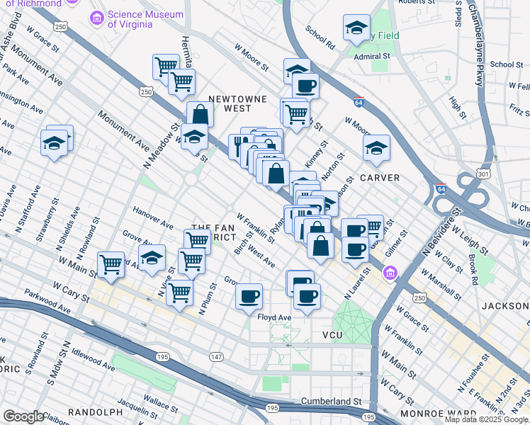 map of restaurants, bars, coffee shops, grocery stores, and more near 1115 West Grace Street in Richmond