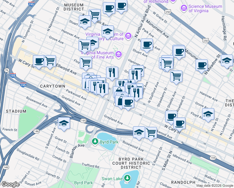map of restaurants, bars, coffee shops, grocery stores, and more near 2710a West Main Street in Richmond