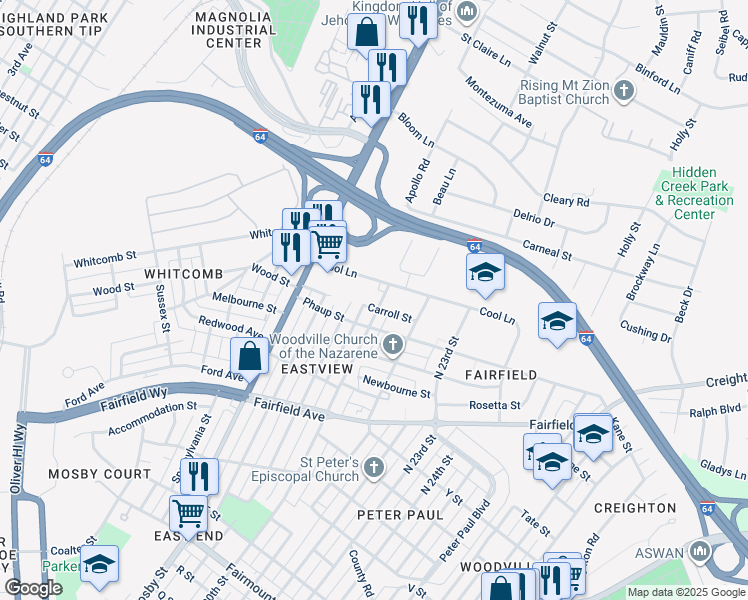 map of restaurants, bars, coffee shops, grocery stores, and more near 2200 North 20th Street in Richmond