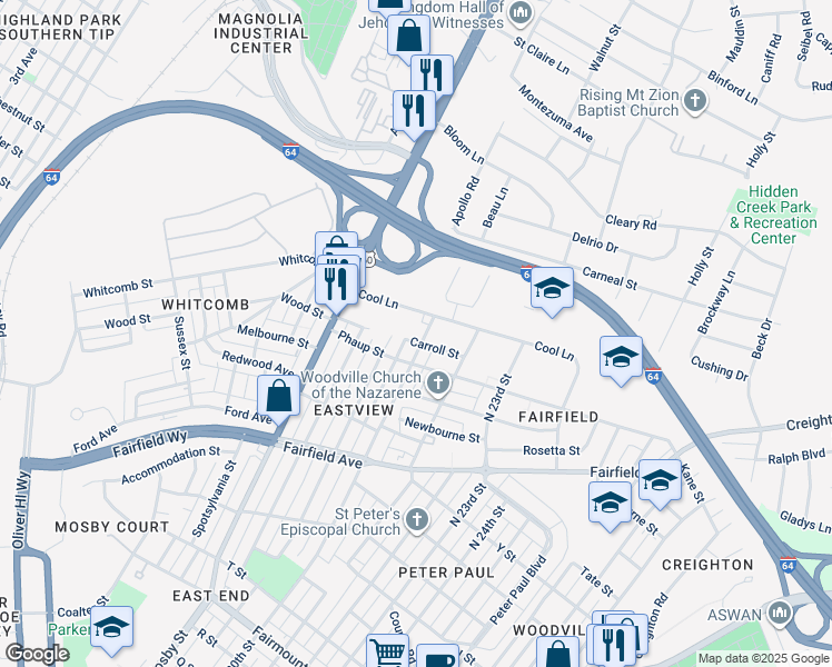 map of restaurants, bars, coffee shops, grocery stores, and more near 2200 North 20th Street in Richmond