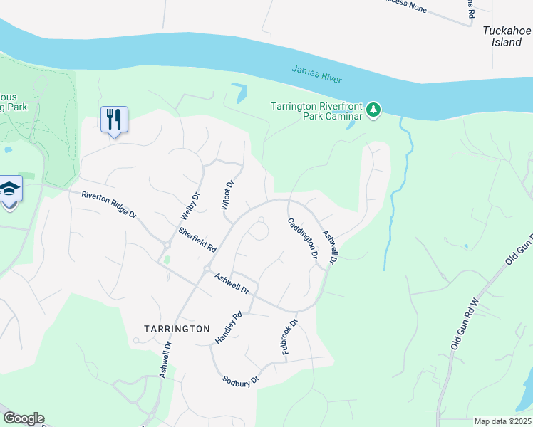 map of restaurants, bars, coffee shops, grocery stores, and more near 12906 Bircham Terrace in Midlothian