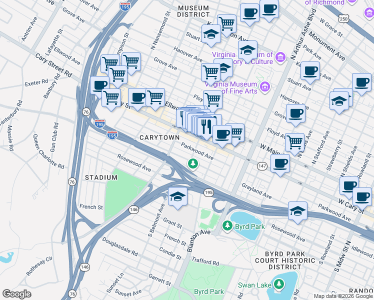 map of restaurants, bars, coffee shops, grocery stores, and more near 118 South Belmont Avenue in Richmond