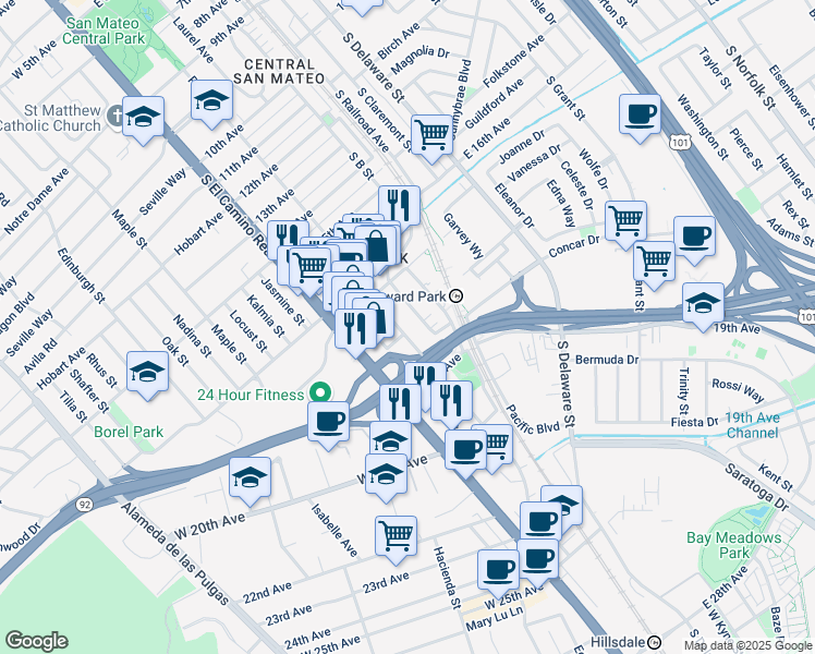 map of restaurants, bars, coffee shops, grocery stores, and more near 1739 Palm Avenue in San Mateo