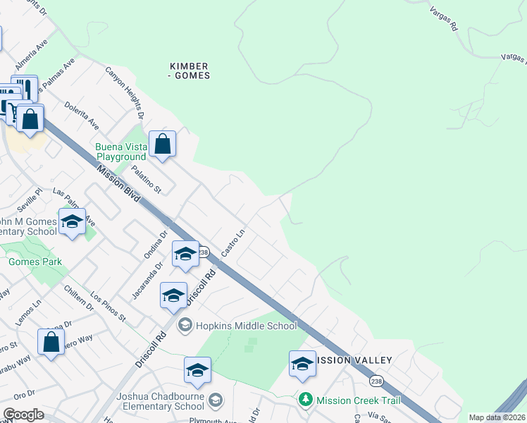 map of restaurants, bars, coffee shops, grocery stores, and more near 345 Castro Lane in Fremont