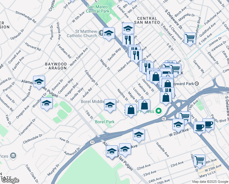 map of restaurants, bars, coffee shops, grocery stores, and more near 1249 Oak Street in San Mateo