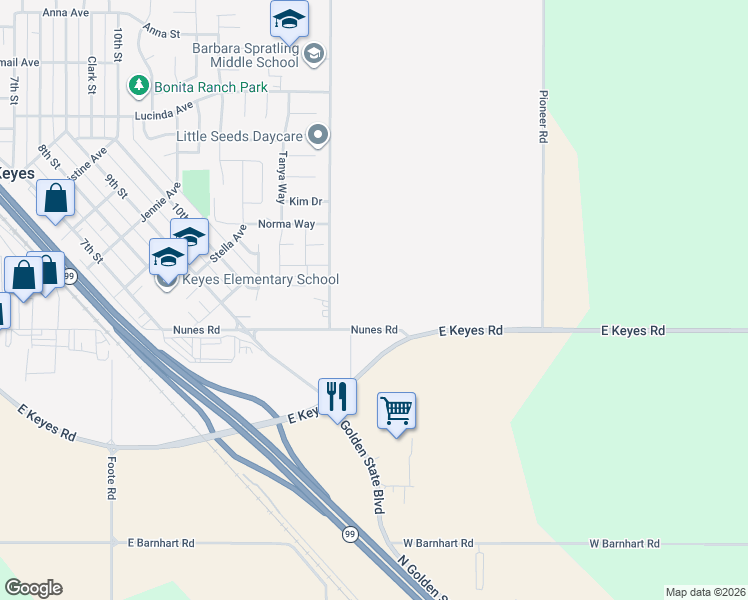 map of restaurants, bars, coffee shops, grocery stores, and more near 5061 Nunes Road in Turlock