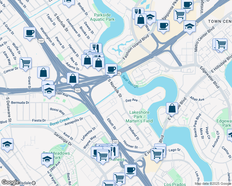 map of restaurants, bars, coffee shops, grocery stores, and more near 2108 South Norfolk Street in San Mateo