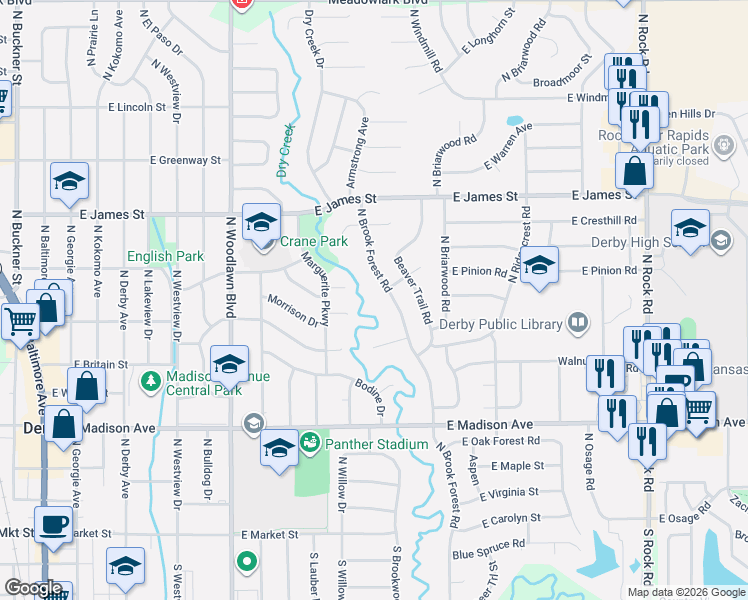 map of restaurants, bars, coffee shops, grocery stores, and more near 855 North Brook Forest Road in Derby