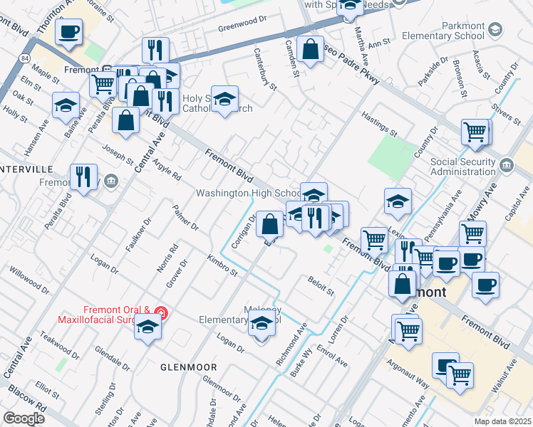 map of restaurants, bars, coffee shops, grocery stores, and more near 4155 Corrigan Drive in Fremont