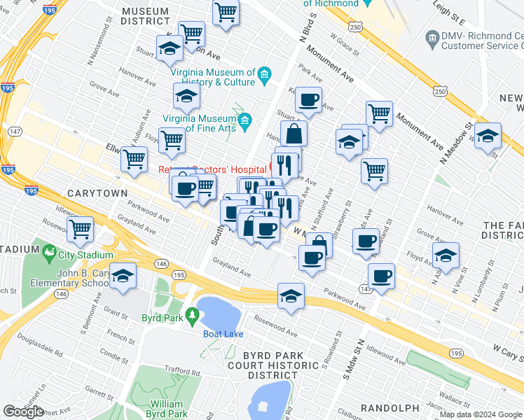 map of restaurants, bars, coffee shops, grocery stores, and more near 2614 West Main Street in Richmond