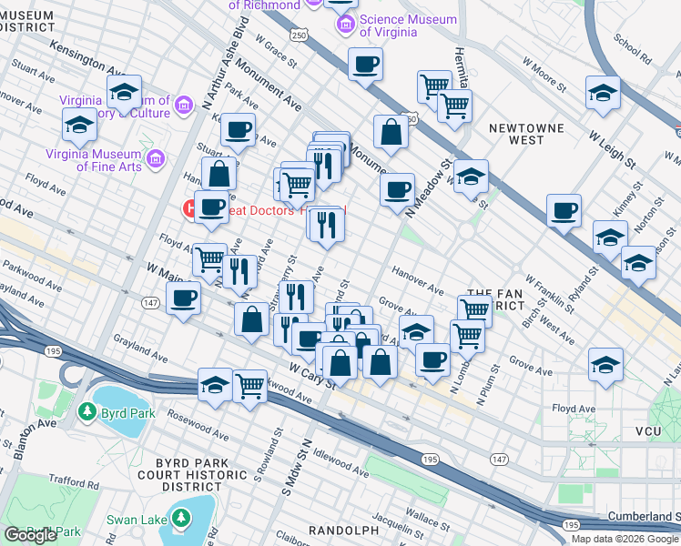 map of restaurants, bars, coffee shops, grocery stores, and more near 2100 Grove Avenue in Richmond