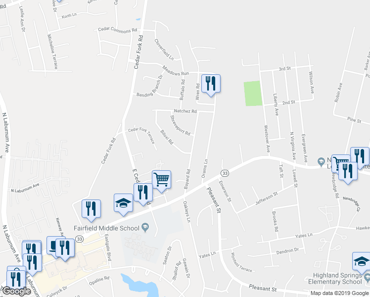 map of restaurants, bars, coffee shops, grocery stores, and more near 100 Bayard Road in Richmond