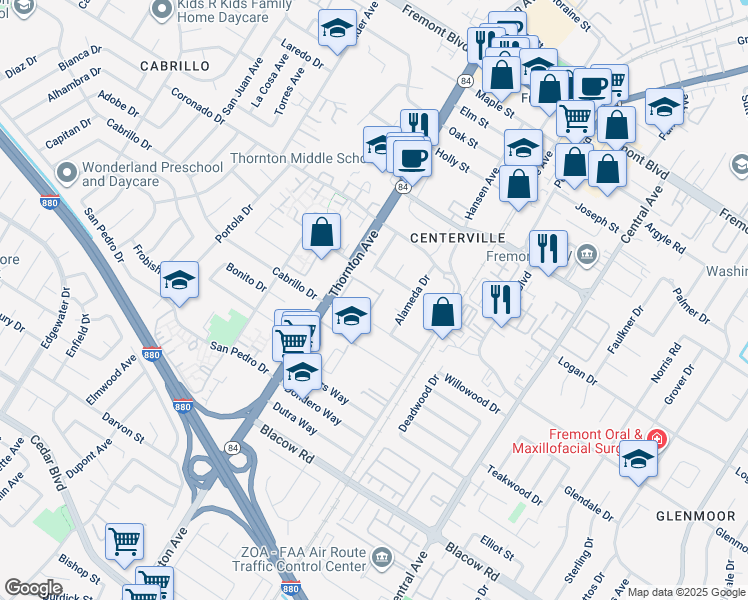 map of restaurants, bars, coffee shops, grocery stores, and more near 4637 Rothbury Common in Fremont