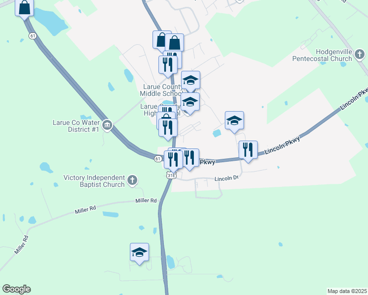 map of restaurants, bars, coffee shops, grocery stores, and more near 925 South Lincoln Boulevard in Hodgenville