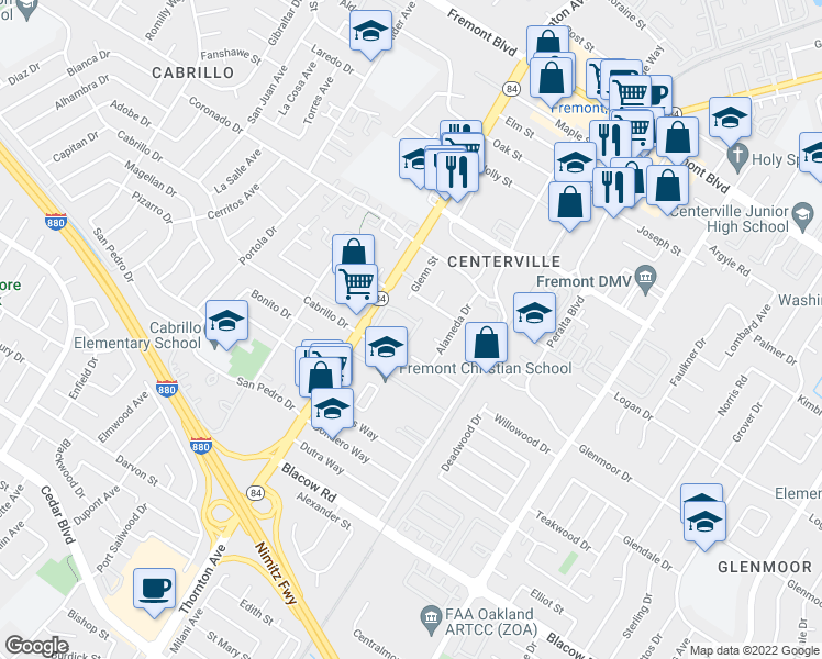 map of restaurants, bars, coffee shops, grocery stores, and more near 4594 Rothbury Common in Fremont