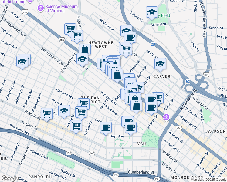 map of restaurants, bars, coffee shops, grocery stores, and more near 1137 West Grace Street in Richmond
