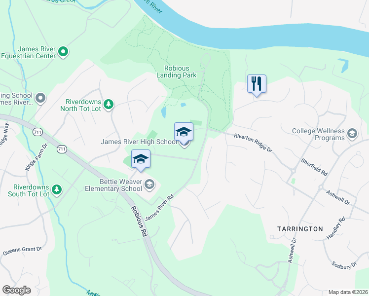 map of restaurants, bars, coffee shops, grocery stores, and more near 3700 James River Road in Midlothian