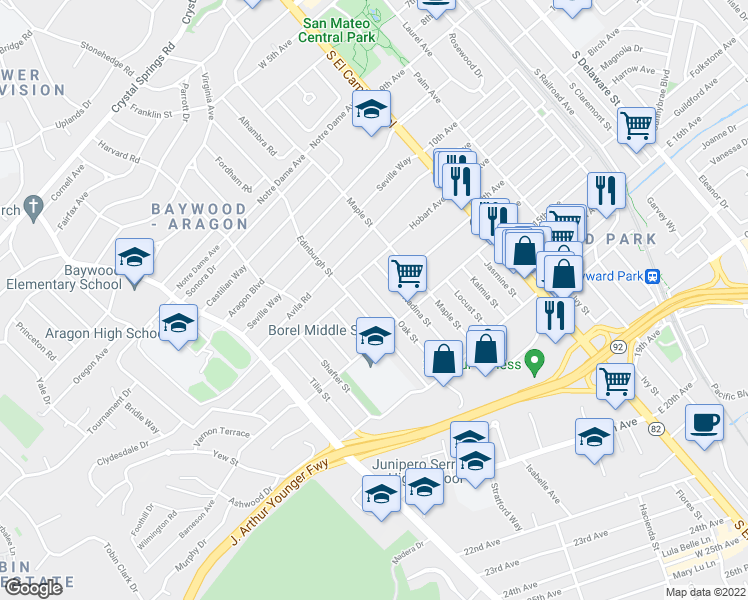 map of restaurants, bars, coffee shops, grocery stores, and more near 1234 Oak Street in San Mateo