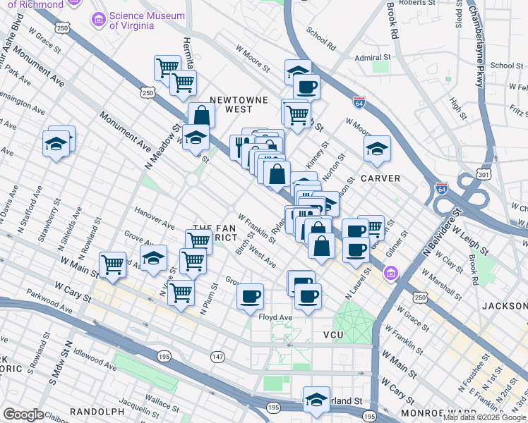map of restaurants, bars, coffee shops, grocery stores, and more near 1115 West Grace Street in Richmond