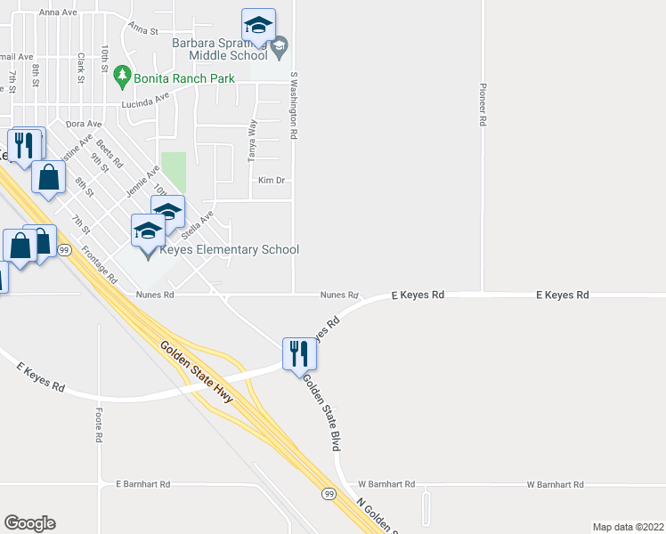 map of restaurants, bars, coffee shops, grocery stores, and more near 5061 Nunes Road in Turlock