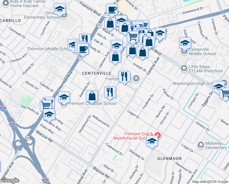 map of restaurants, bars, coffee shops, grocery stores, and more near 37423 Talamore Common in Fremont