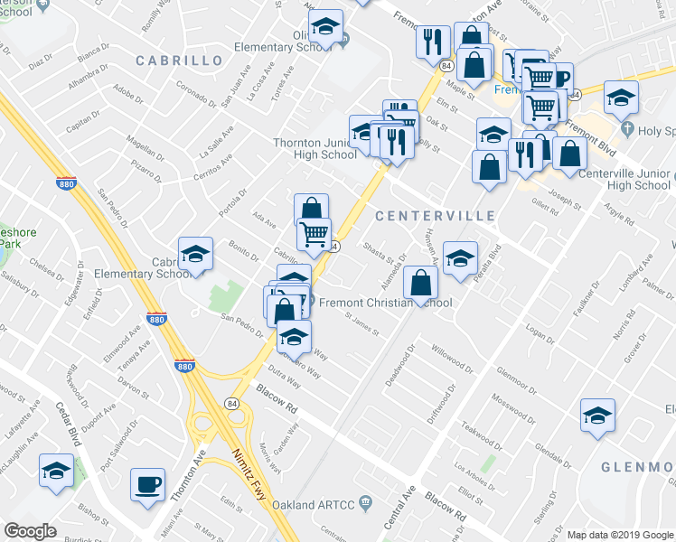 map of restaurants, bars, coffee shops, grocery stores, and more near 4662 Penzance Camino in Fremont