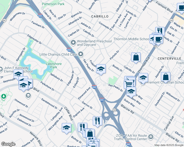 map of restaurants, bars, coffee shops, grocery stores, and more near 36311 San Pedro Drive in Fremont