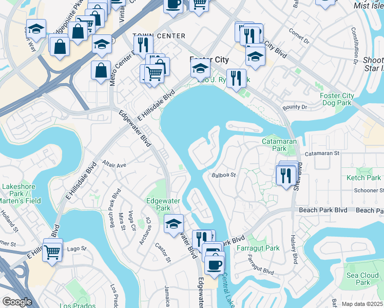 map of restaurants, bars, coffee shops, grocery stores, and more near 650 Portofino Lane in Foster City