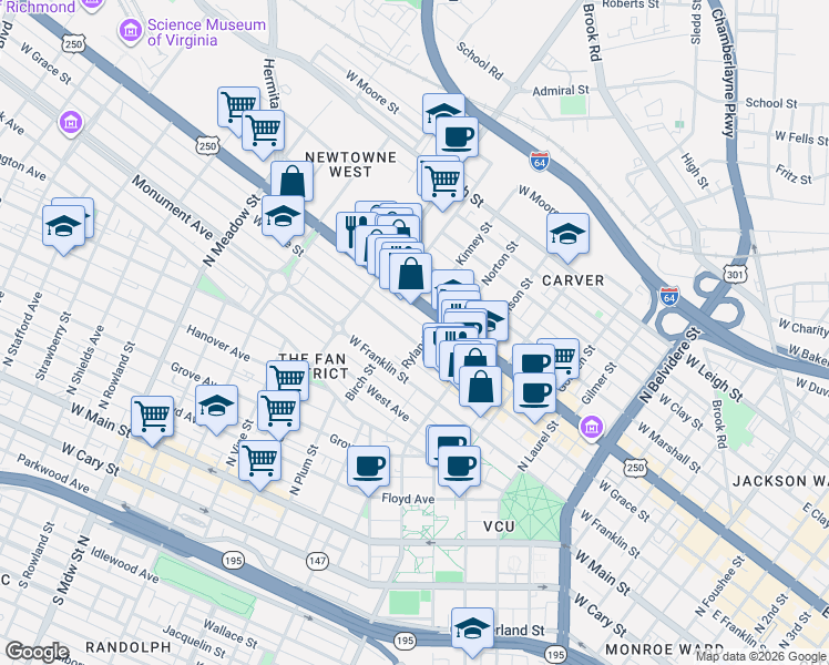 map of restaurants, bars, coffee shops, grocery stores, and more near 1115 West Grace Street in Richmond