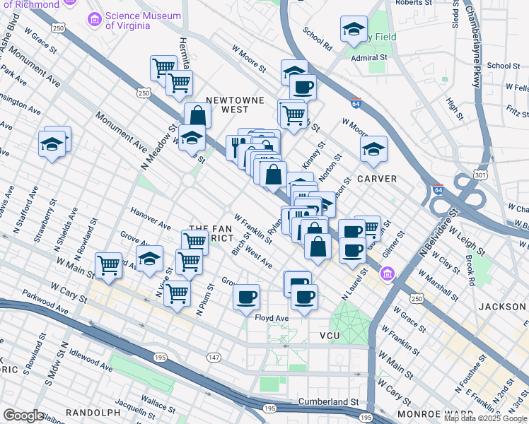 map of restaurants, bars, coffee shops, grocery stores, and more near 1115 West Grace Street in Richmond