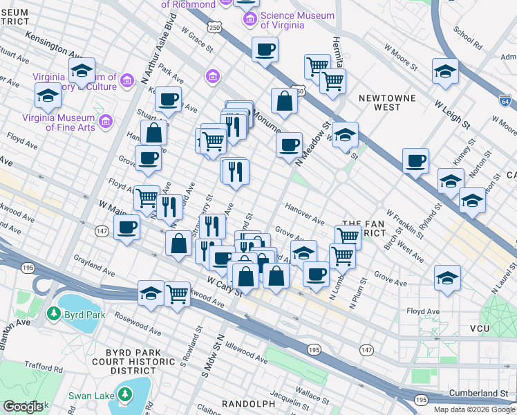 map of restaurants, bars, coffee shops, grocery stores, and more near 2100 Grove Avenue in Richmond