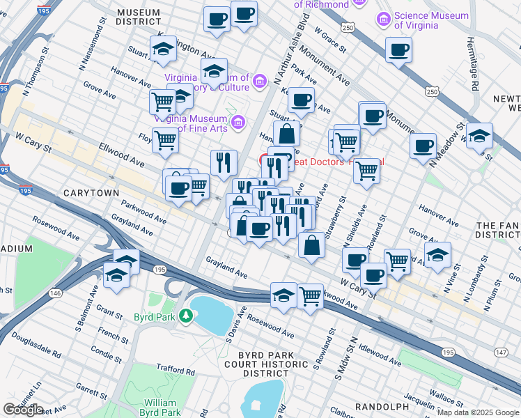 map of restaurants, bars, coffee shops, grocery stores, and more near 2610 West Main Street in Richmond