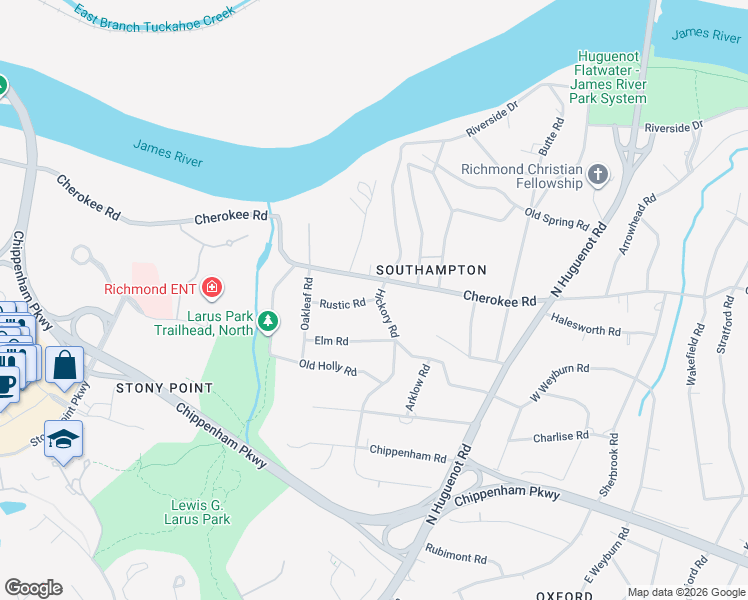 map of restaurants, bars, coffee shops, grocery stores, and more near 8917 Cherokee Road in Richmond