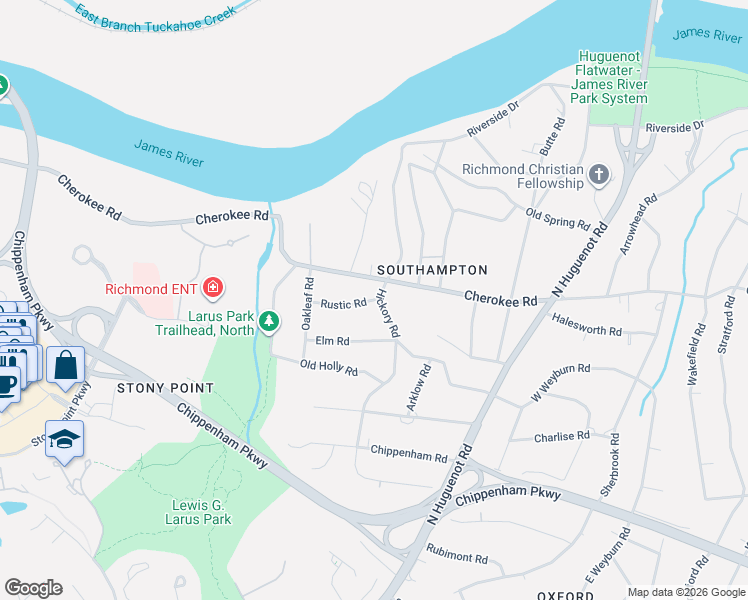 map of restaurants, bars, coffee shops, grocery stores, and more near 8917 Cherokee Road in Richmond