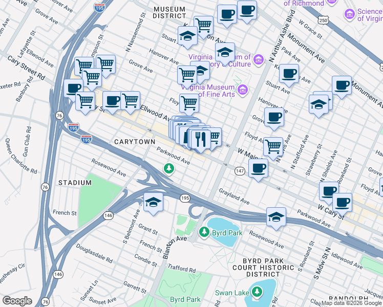 map of restaurants, bars, coffee shops, grocery stores, and more near in Richmond