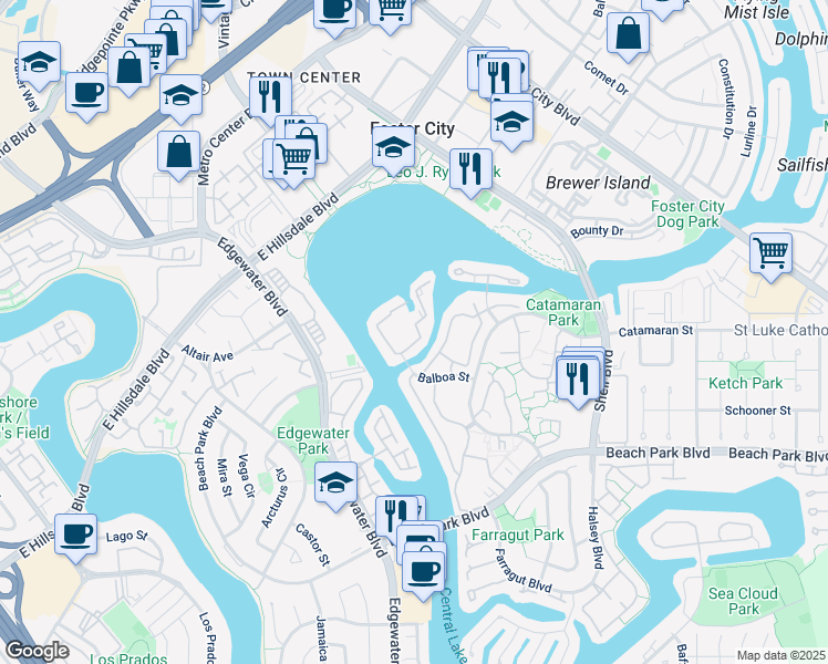 map of restaurants, bars, coffee shops, grocery stores, and more near 831 Balboa Lane in Foster City