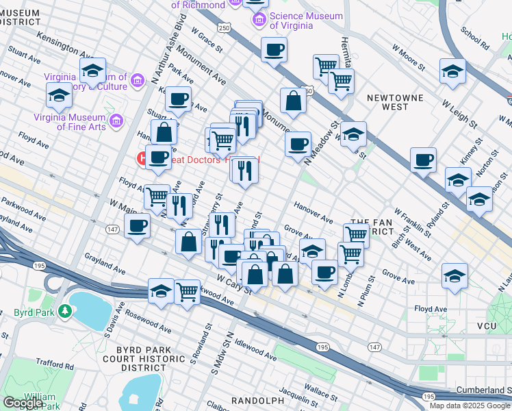 map of restaurants, bars, coffee shops, grocery stores, and more near 2100 Grove Avenue in Richmond