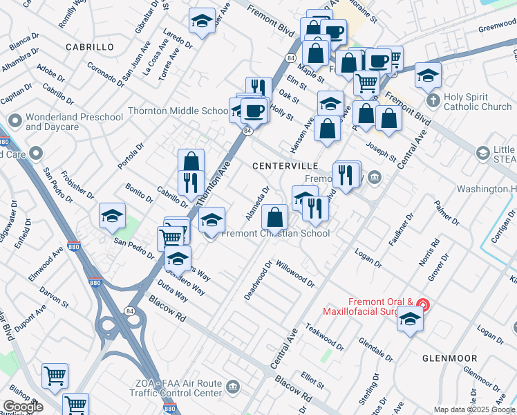 map of restaurants, bars, coffee shops, grocery stores, and more near 4615 Alameda Drive in Fremont