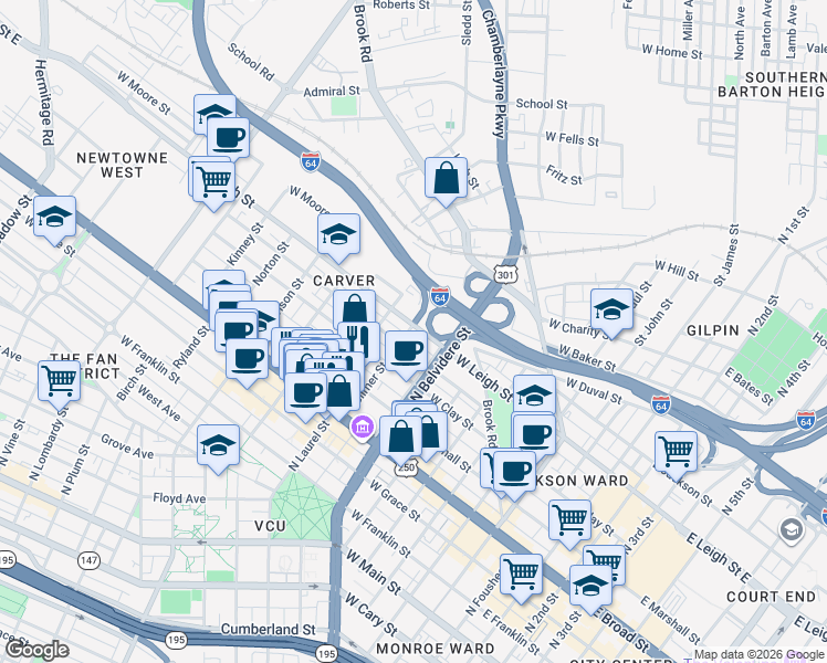 map of restaurants, bars, coffee shops, grocery stores, and more near 809 West Leigh Street in Richmond