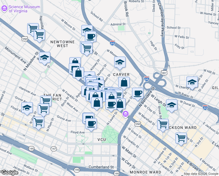 map of restaurants, bars, coffee shops, grocery stores, and more near 1116 West Marshall Street in Richmond