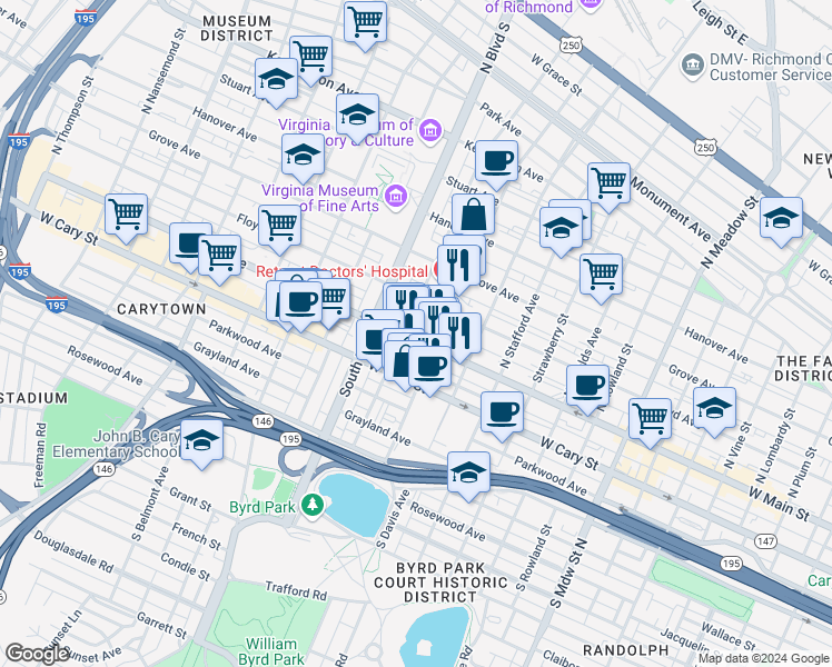 map of restaurants, bars, coffee shops, grocery stores, and more near 2620 West Main Street in Richmond
