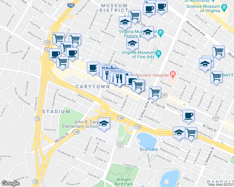 map of restaurants, bars, coffee shops, grocery stores, and more near 3032 Parkwood Avenue in Richmond