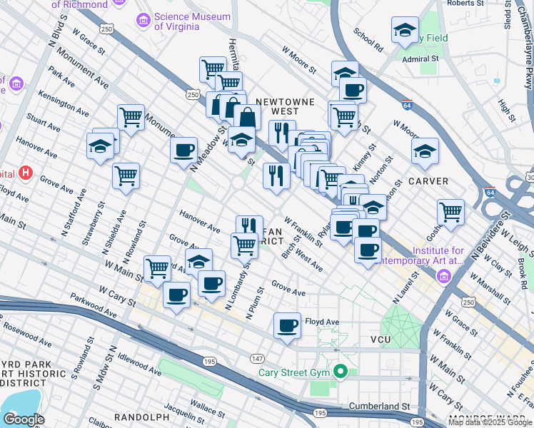 map of restaurants, bars, coffee shops, grocery stores, and more near 1609 Monument Avenue in Richmond