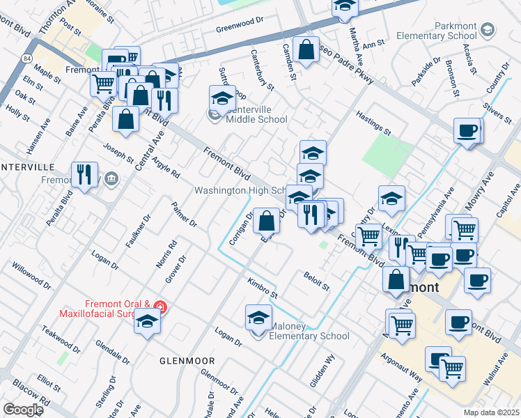 map of restaurants, bars, coffee shops, grocery stores, and more near 4159 Corrigan Drive in Fremont