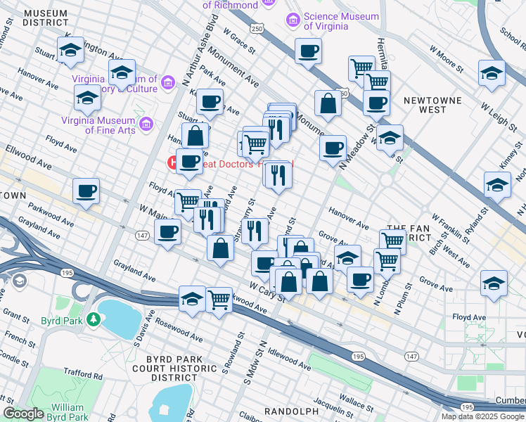 map of restaurants, bars, coffee shops, grocery stores, and more near 2211 Grove Avenue in Richmond