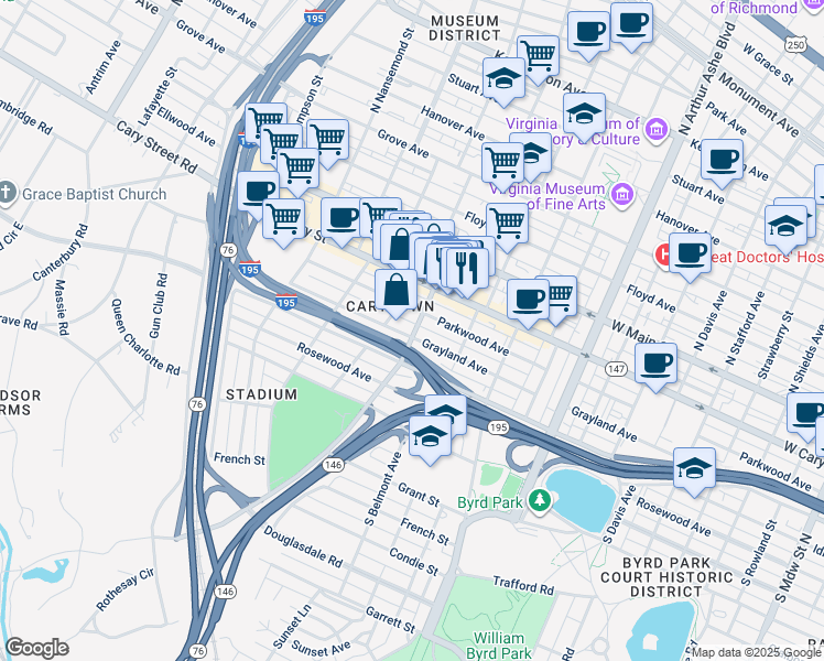 map of restaurants, bars, coffee shops, grocery stores, and more near 3200 Grayland Ave in Richmond