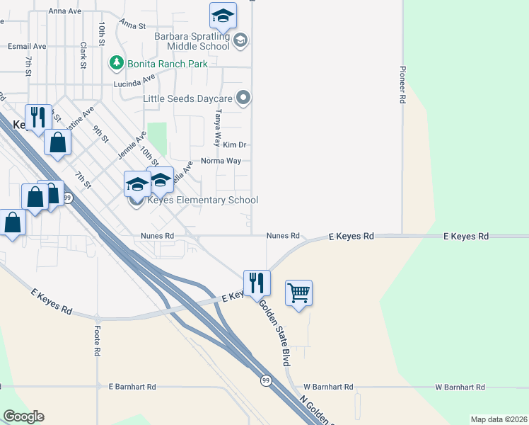 map of restaurants, bars, coffee shops, grocery stores, and more near 5848 Washington Road in Hughson