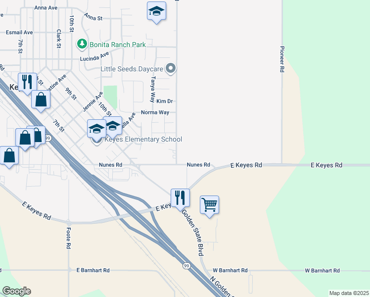 map of restaurants, bars, coffee shops, grocery stores, and more near 5900 Washington Road in Hughson