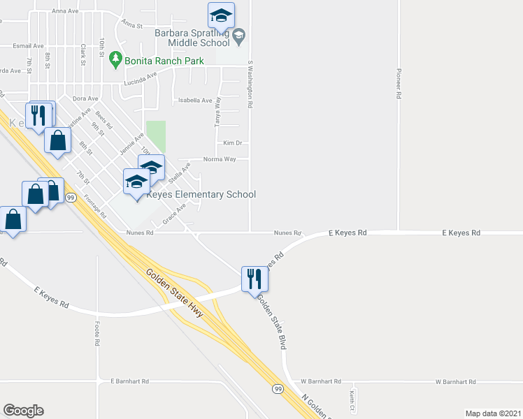 map of restaurants, bars, coffee shops, grocery stores, and more near 5900 Washington Road in Hughson